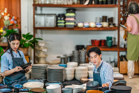 In a family business, a mother, son, and daughter manage a ceramic shop together, arranging tableware displays and coordinating daily operations for both retail and wholesale sales.の写真素材