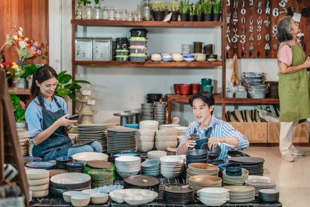 In a family business, a mother, son, and daughter manage a ceramic shop together, arranging tableware displays and coordinating daily operations for both retail and wholesale sales.の写真素材