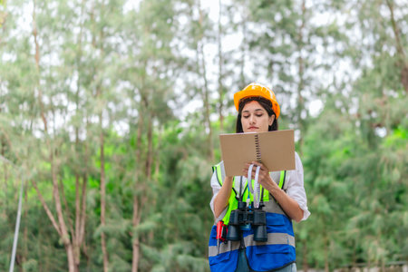 Female environmental surveyor observes forest conditions using binoculars, takes notes, communicates data. Environmental monitoring, biodiversity tracking, role of women in filed forest assessment.の写真素材