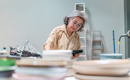 A senior Asian woman, the business owner, conducts quality control by visually inspecting ceramic products in a warehouse setting, emphasizing careful QC for retail and wholesale operations.の写真素材