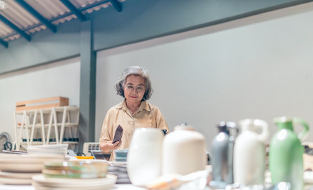 A senior Asian woman, the business owner, conducts quality control by visually inspecting ceramic products in a warehouse setting, emphasizing careful QC for retail and wholesale operations.の写真素材