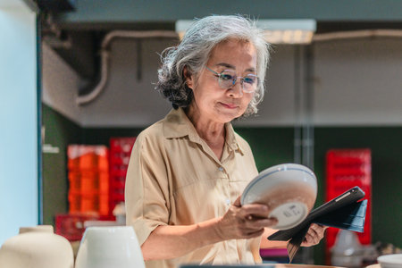 A senior Asian woman, the business owner, conducts quality control by visually inspecting ceramic products in a warehouse setting, emphasizing careful QC for retail and wholesale operations.の写真素材