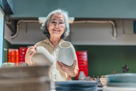 A senior Asian woman, the business owner, conducts quality control by visually inspecting ceramic products in a warehouse setting, emphasizing careful QC for retail and wholesale operations.の写真素材