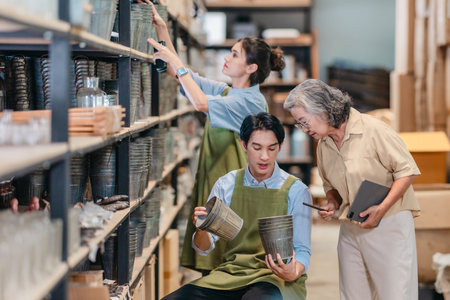 Mother and owner educates her children in family business warehouse. Material selection, product quality, sustainable recycling practices to improve production efficiency and eco friendly operationsの写真素材