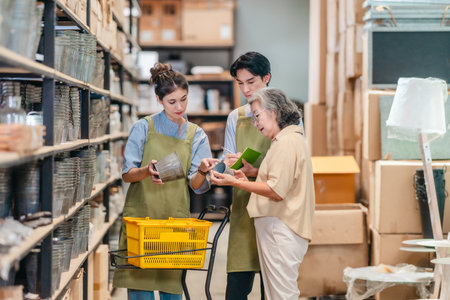 Mother and owner educates her children in family business warehouse. Material selection, product quality, sustainable recycling practices to improve production efficiency and eco friendly operationsの写真素材