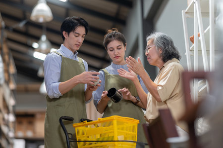 Mother and owner educates her children in family business warehouse. Material selection, product quality, sustainable recycling practices to improve production efficiency and eco friendly operationsの写真素材