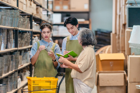 Mother and owner educates her children in family business warehouse. Material selection, product quality, sustainable recycling practices to improve production efficiency and eco friendly operationsの写真素材