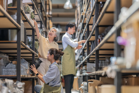 Mother and owner educates her children in family business warehouse. Material selection, product quality, sustainable recycling practices to improve production efficiency and eco friendly operationsの写真素材