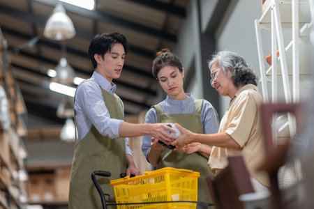 Mother and owner educates her children in family business warehouse. Material selection, product quality, sustainable recycling practices to improve production efficiency and eco friendly operationsの写真素材