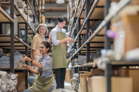 Mother and owner educates her children in family business warehouse. Material selection, product quality, sustainable recycling practices to improve production efficiency and eco friendly operationsの写真素材