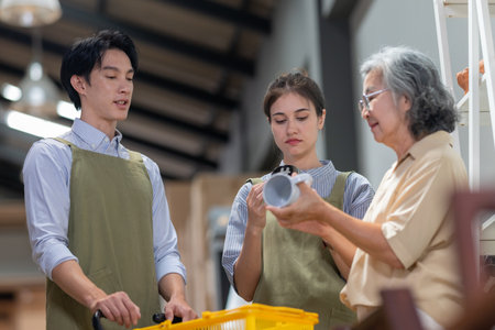 Mother and owner educates her children in family business warehouse. Material selection, product quality, sustainable recycling practices to improve production efficiency and eco friendly operationsの写真素材