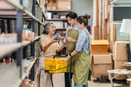 Mother and owner educates her children in family business warehouse. Material selection, product quality, sustainable recycling practices to improve production efficiency and eco friendly operationsの写真素材