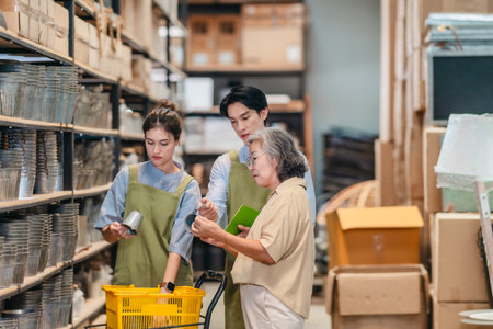 Mother and owner educates her children in family business warehouse. Material selection, product quality, sustainable recycling practices to improve production efficiency and eco friendly operationsの写真素材