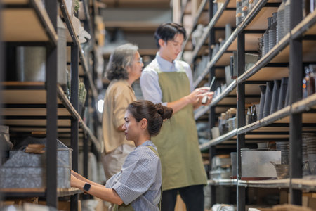 Mother and owner educates her children in family business warehouse. Material selection, product quality, sustainable recycling practices to improve production efficiency and eco friendly operationsの写真素材