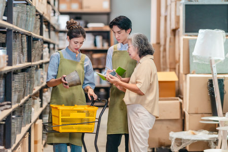 Mother and owner educates her children in family business warehouse. Material selection, product quality, sustainable recycling practices to improve production efficiency and eco friendly operationsの写真素材