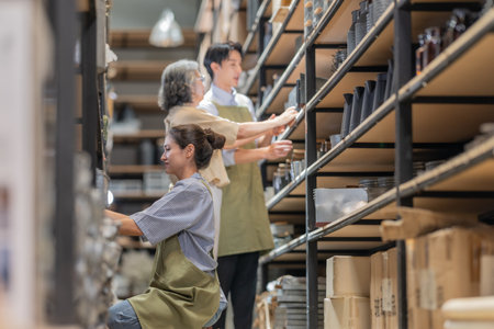Mother and owner educates her children in family business warehouse. Material selection, product quality, sustainable recycling practices to improve production efficiency and eco friendly operationsの写真素材