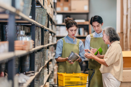 Mother and owner educates her children in family business warehouse. Material selection, product quality, sustainable recycling practices to improve production efficiency and eco friendly operationsの写真素材
