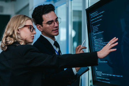 Two developers collaborate on code at workstation, reviewing printouts and screens in a modern tech office. Highlighting teamwork, mentoring, and debugging within a professional software environment.の写真素材