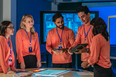 Product team in matching orange shirts collaborates around table, reviewing wireframes, color swatches, mobile app prototypes with analytics dashboards. Capturing UX UI sprint planning sessionの写真素材