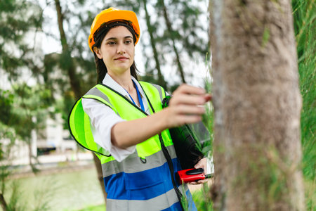 Female environmental engineer conducts field survey in pine forest, measuring, documenting tree...