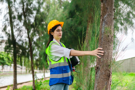 Female environmental engineer conducts field survey in pine forest, measuring, documenting tree...