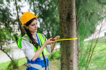 Female environmental engineer conducts field survey in pine forest, measuring, documenting tree diameter for carbon credit verification. Climate action, green forestry, ecological conservation effortsの写真素材
