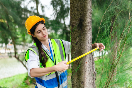 Female environmental engineer conducts field survey in pine forest, measuring, documenting tree...