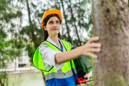 Female environmental engineer conducts field survey in pine forest, measuring, documenting tree...