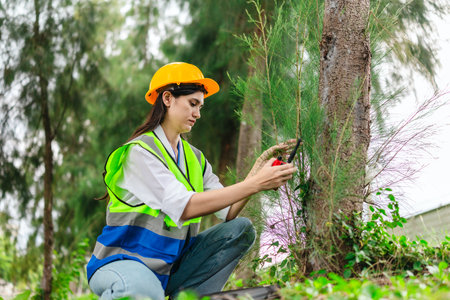 Female environmental engineer conducts field survey in pine forest, measuring, documenting tree diameter for carbon credit verification. Climate action, green forestry, ecological conservation effortsの写真素材