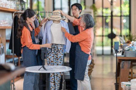 A family business team including mother, son, and daughter hosts a live streaming session to sell clothing, showcasing teamwork, fashion products, and modern online retail marketing in their boutiqueの写真素材