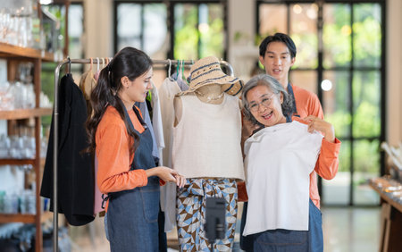 A family business team including mother, son, and daughter hosts a live streaming session to sell clothing, showcasing teamwork, fashion products, and modern online retail marketing in their boutiqueの写真素材