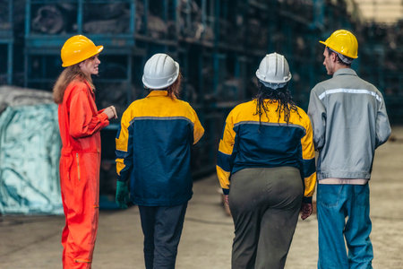 A diverse group of industrial workers in hard hats chat and walk together during a break inside an auto parts warehouse, highlighting teamwork, communication, and morale.の写真素材