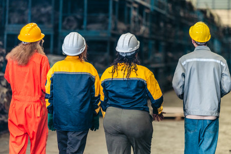 A diverse group of industrial workers in hard hats chat and walk together during a break inside an auto parts warehouse, highlighting teamwork, communication, and morale.の写真素材