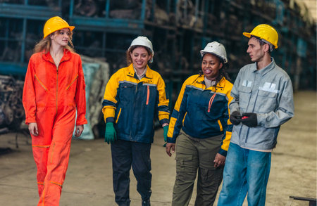 A diverse group of industrial workers in hard hats chat and walk together during a break inside an auto parts warehouse, highlighting teamwork, communication, and morale.の写真素材