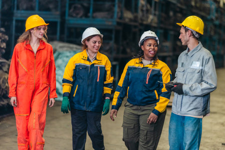 A diverse group of industrial workers in hard hats chat and walk together during a break inside an auto parts warehouse, highlighting teamwork, communication, and morale.の写真素材