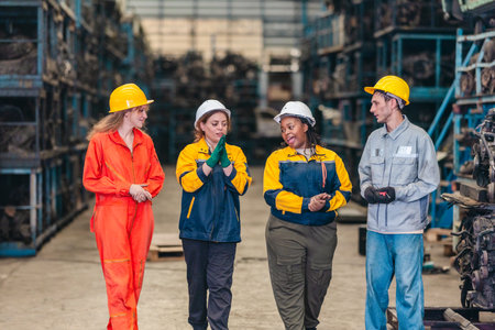A diverse group of industrial workers in hard hats chat and walk together during a break inside an auto parts warehouse, highlighting teamwork, communication, and morale.の写真素材