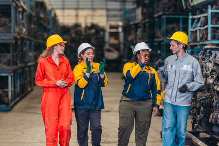 A diverse group of industrial workers in hard hats chat and walk together during a break inside an...