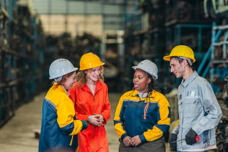 A diverse group of industrial workers in hard hats chat and walk together during a break inside an auto parts warehouse, highlighting teamwork, communication, and morale.の写真素材