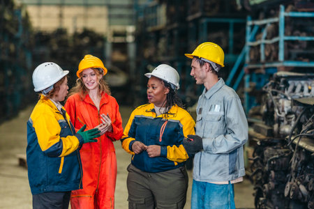 A diverse group of industrial workers in hard hats chat and walk together during a break inside an...