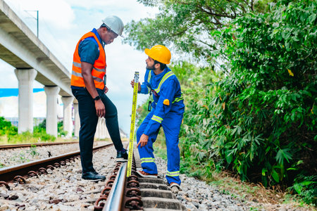 An engineer and a field technician perform a railway track measurement using a leveling rod. Highlighting technical collaboration and safety procedures in railway infrastructure inspection.の写真素材