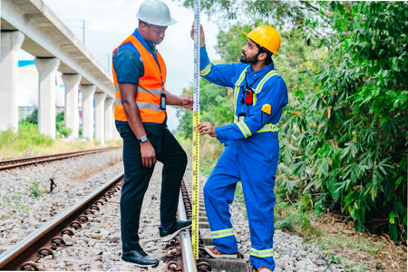 An engineer and a field technician perform a railway track measurement using a leveling rod. Highlighting technical collaboration and safety procedures in railway infrastructure inspection.の写真素材