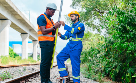 An engineer and a field technician perform a railway track measurement using a leveling rod. Highlighting technical collaboration and safety procedures in railway infrastructure inspection.の写真素材