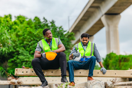 Two railway workers in safety vests and helmets take a break on concrete beams, showing fatigue while offering comfort and encouragement to one another on site.の写真素材