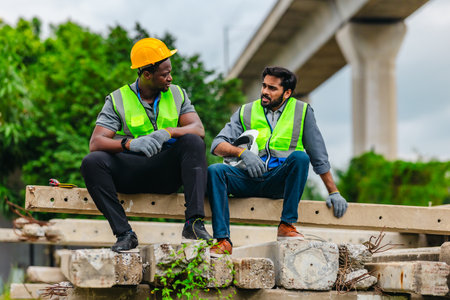 Two railway workers in safety vests and helmets take a break on concrete beams, showing fatigue while offering comfort and encouragement to one another on site.の写真素材