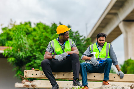 Two railway workers in safety vests and helmets take a break on concrete beams, showing fatigue while offering comfort and encouragement to one another on site.の写真素材