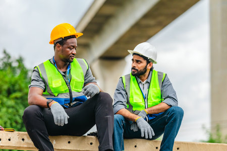 Two railway workers in safety vests and helmets take a break on concrete beams, showing fatigue while offering comfort and encouragement to one another on site.の写真素材