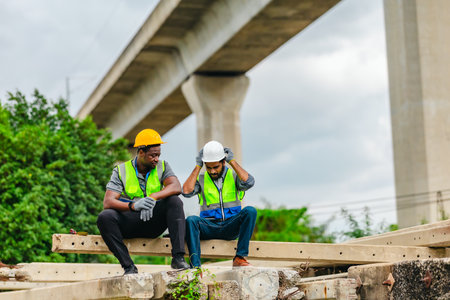 Two railway workers in safety vests and helmets take a break on concrete beams, showing fatigue while offering comfort and encouragement to one another on site.の写真素材