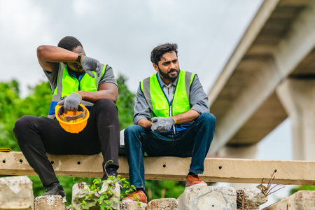 Two railway workers in safety vests and helmets take a break on concrete beams, showing fatigue while offering comfort and encouragement to one another on site.の写真素材