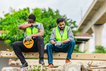 Two railway workers in safety vests and helmets take a break on concrete beams, showing fatigue while offering comfort and encouragement to one another on site.の写真素材