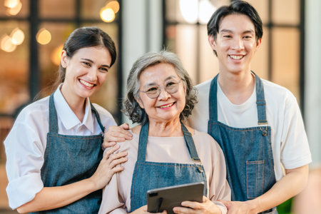 Mother, daughter, and son pose outside their family run ceramic shop and warehouse, presenting a friendly, professional team ready for retail and wholesale customers.の写真素材